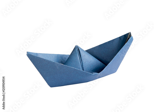Blue paper boat on transparent background