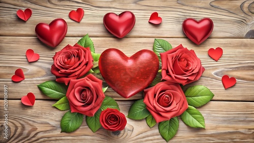 hearts and red roses on a wood background with valentine's day concept