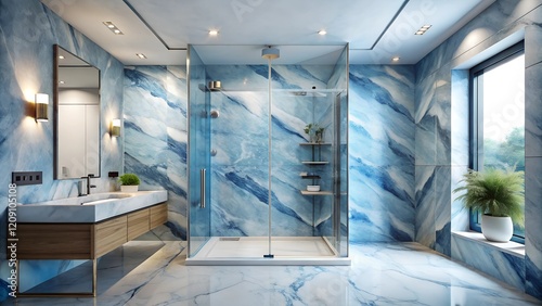 Minimalist interior design of modern walk shower are simplicity with marble blue and white wall