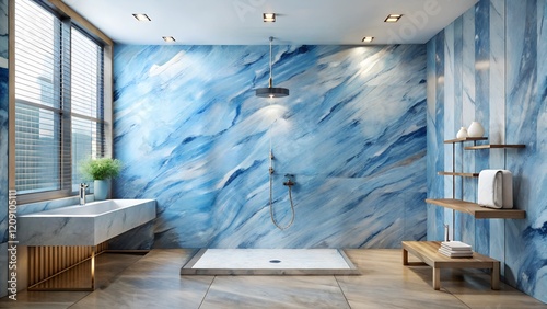 Minimalist interior design of modern walk shower are simplicity with marble blue and white wall