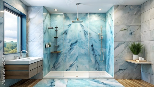 Minimalist interior design of modern walk shower are simplicity with marble blue and white wall