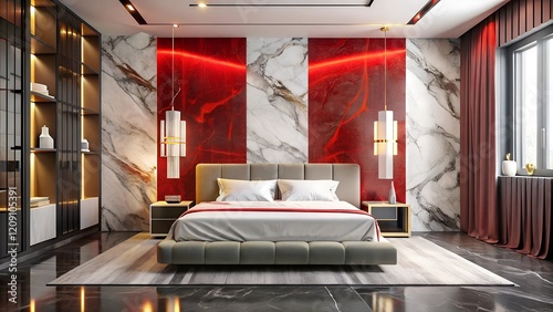 Design of modern luxurious bedroom with marble white and red wall