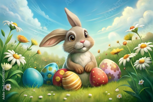 Bunny and Easter eggs and daisy flower on meadow with Easter day