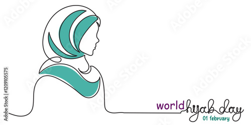 World Hijab Day February 1, single line art Muslim girl. continuous line drawing of a hijab girl woman's head cover vector illustration. concept of world hijab day celebrated every year.