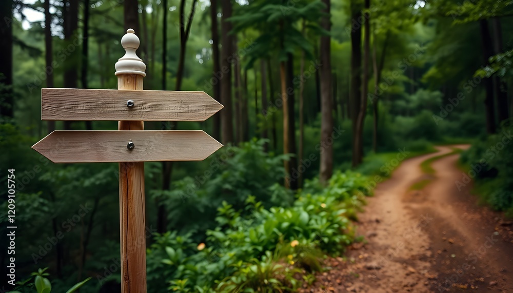 Blank Wooden Direction Sign on a Serene Woodland Trail Blank Wooden Direction Sign on a Serene Woodland Trail
