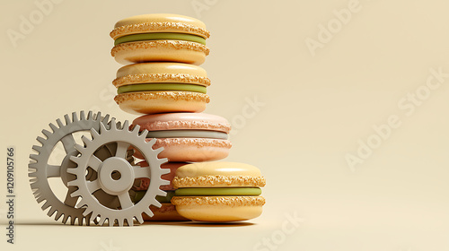 Delicious Macarons with Interlocking Gears Pastel Colored Treats and Mechanical Elements