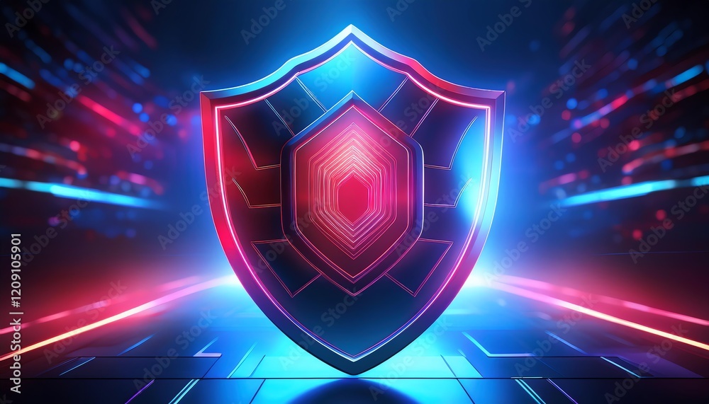 Fototapeta premium A glowing, futuristic shield emblem surrounded by neon lights, symbolizing security and protection in a digital landscape.