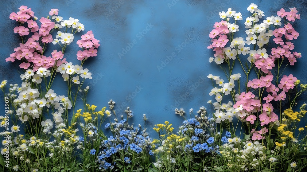 Obraz premium Delicate Spring Flowers Arranged Against A Blue Background