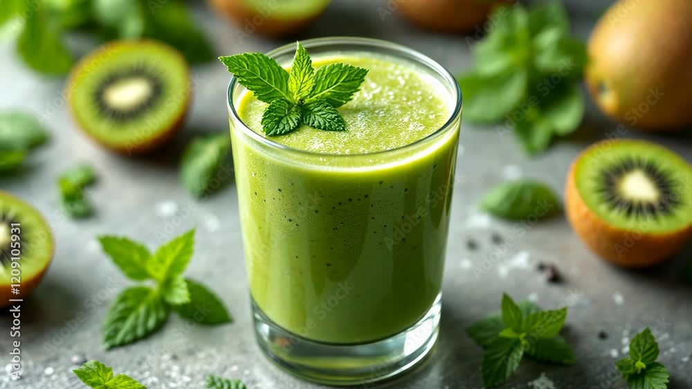 Fresh kiwi smoothie with mint leaves and sliced kiwis in vibrant natural light setting Fresh kiwi smoothie with mint leaves and sliced kiwis in vibrant natural light setting