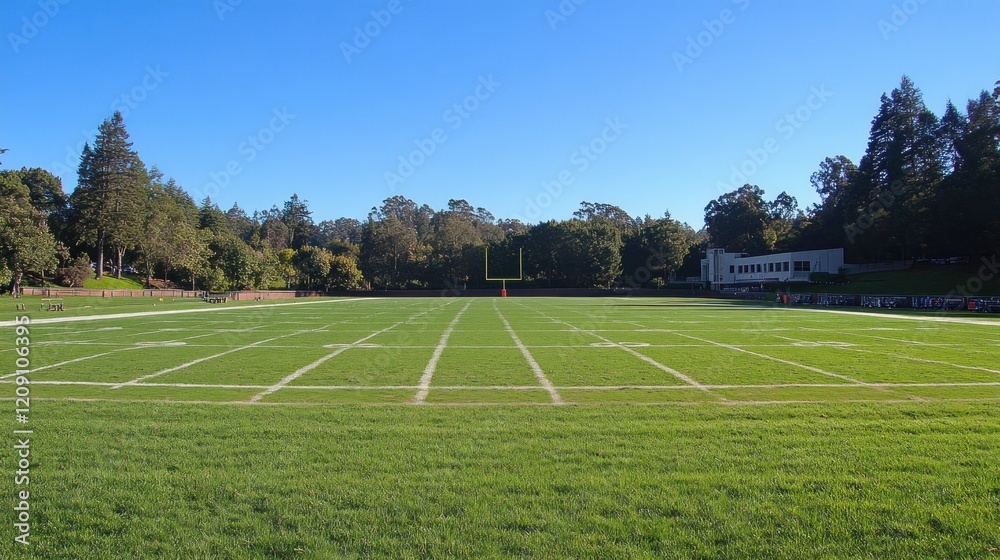 Sunny day at a green grass football field with goalposts, trees, and a building in the background. Sunny day at a green grass football field with goalposts, trees, and a building in the background.