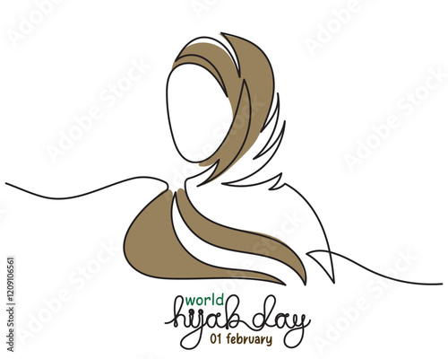 World Hijab Day February 1, single line art Muslim girl. continuous line drawing of a hijab girl woman's head cover vector illustration. concept of world hijab day celebrated every year.