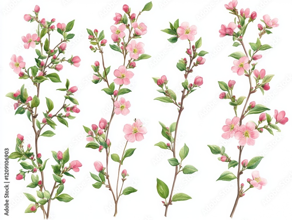 Set of Floral Branch with Pink Rose and Green Leaves - Botanical Wildflowers Arrangements for Wedding or Greeting Card Design Set of Floral Branch with Pink Rose and Green Leaves - Botanical Wildflowers Arrangements for Wedding or Greeting Card Design