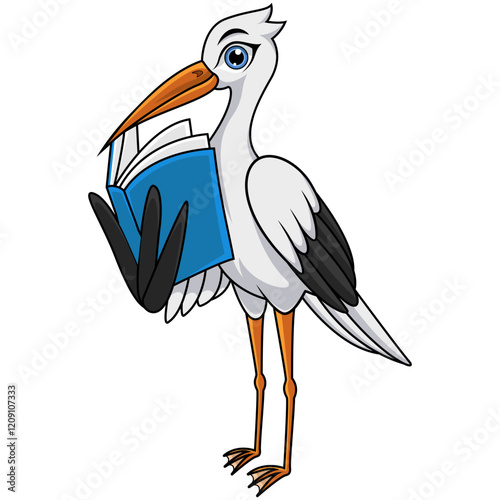 Cartoon white stork reading book 
