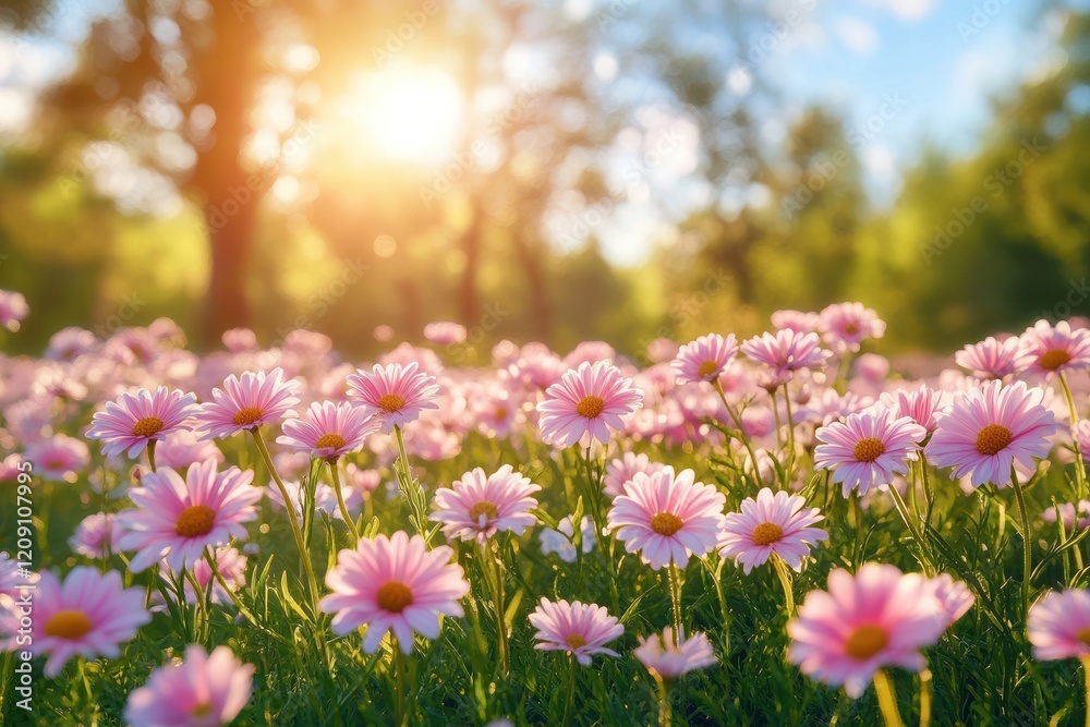 Obraz premium Vibrant Meadow Filled with Pink and White Daisies in Bright Sunny Day