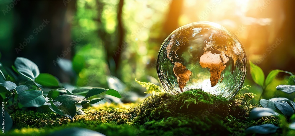 Earth Globe Surrounded by Green Moss in Forest with Soft Sunlight for Environmental Awareness Earth Globe Surrounded by Green Moss in Forest with Soft Sunlight for Environmental Awareness