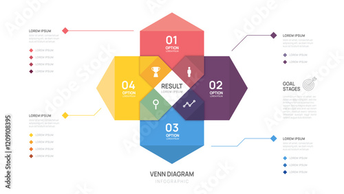 Venn diagram infographic chart template for business start up presentation 4 step with venn diagram elements vector illustration.