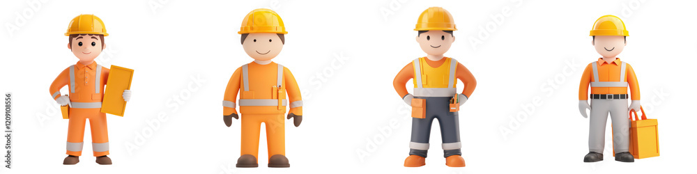 Full length portrait of a construction worker wearing an orange uniform hard hat and carrying a toolbox on a construction site Full length portrait of a construction worker wearing an orange uniform hard hat and carrying a toolbox on a construction site
