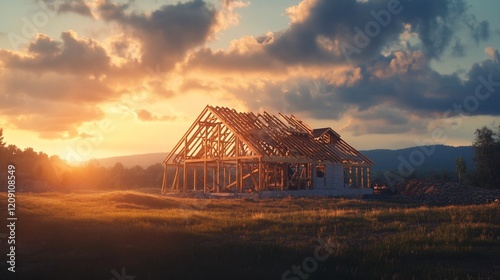 Wallpaper Mural Sunset over a house under construction in a rural field. Torontodigital.ca