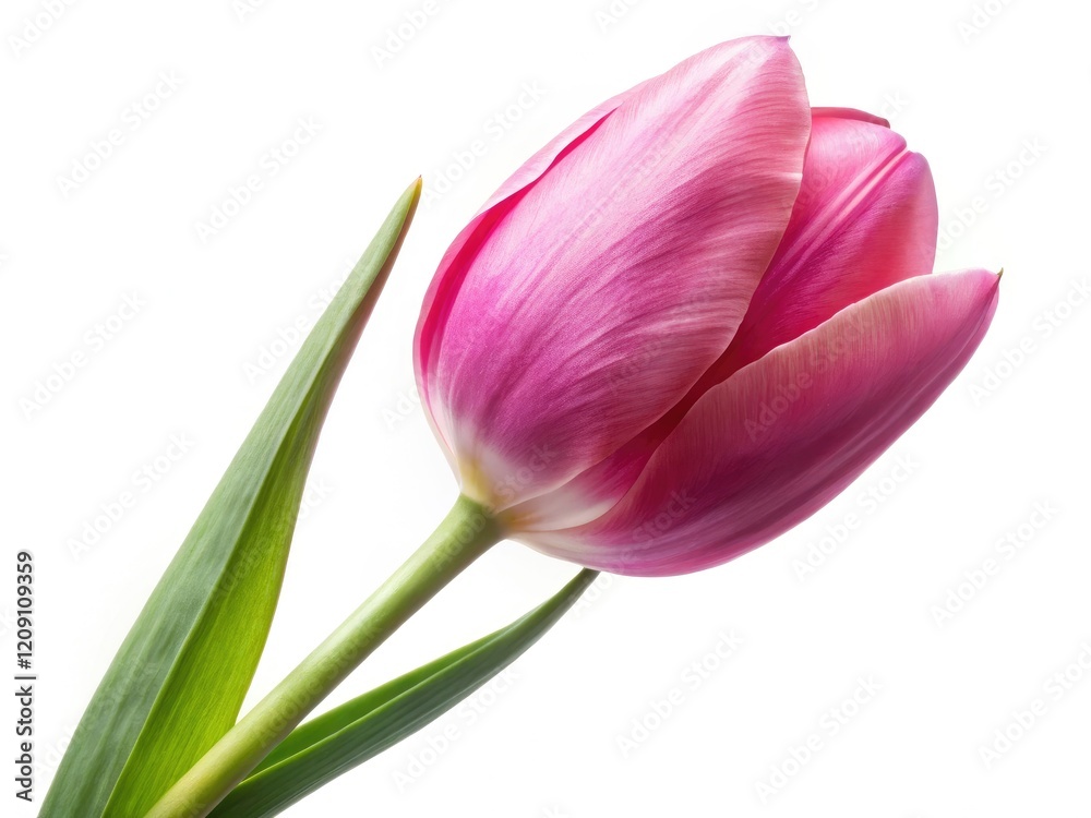 Isolated pink tulip, single bloom, on white.  Spring floral photography with clipping path.