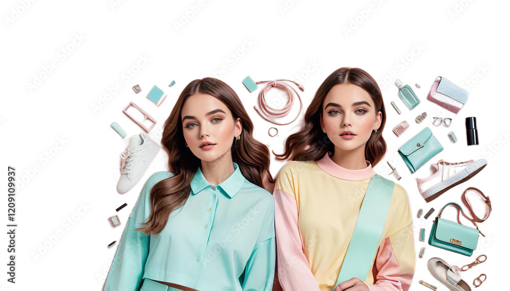 ng clothes women fashion color banner pastel street photo two portrait aring woman beauty make-up eye model glamour closeup lady looking clothing person head face smile pretty