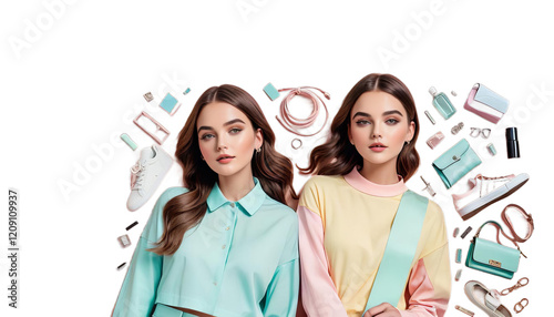 Obraz na płótnie ng clothes women fashion color banner pastel street photo two portrait aring woman beauty make-up eye model glamour closeup lady looking clothing person head face smile pretty w salonie