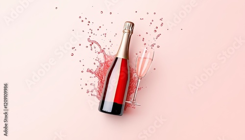 Sparkling red champagne bottle with glass, splashing liquid on a pink background photo