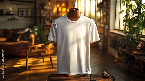 Blank white t-shirt on display in a stylish loft apartment.