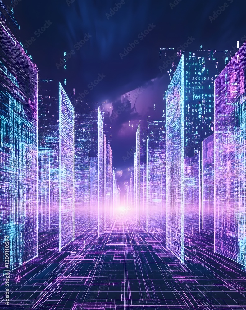 Fototapeta premium An infinite futuristic cityscape made of glowing purple and blue wire frame structures, forming digital skyscrapers, atmosphere technology