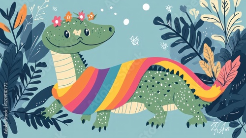 Happy crocodile wearing rainbow scarf in jungle.