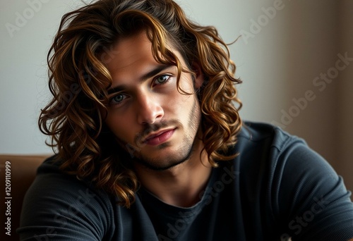 Portrait of a male with long hair, gentle expression photo