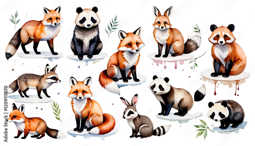 dgehog rabbit panda white raccoon fox set watercolour animal fawn illustration watercolor easter wildlife hedgehog baby background