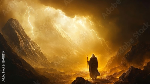 Moses receives divine guidance from god on mount sinai during an intense thunderstorm scene photo