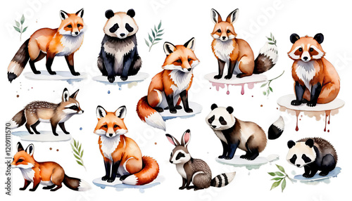 Obraz na płótnie dgehog rabbit panda white raccoon fox set watercolour animal fawn illustration watercolor easter wildlife hedgehog baby background w salonie