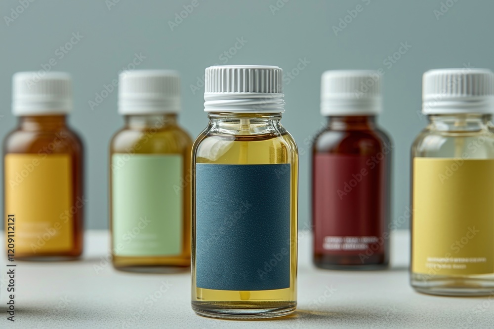 Sustainable living concept. Bottles of oils with colorful labels on a neutral background. Sustainable living concept. Bottles of oils with colorful labels on a neutral background.