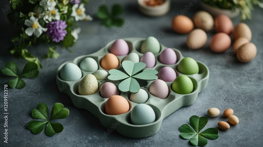 Easter eggs in various shades of green placed in a clover-shaped tray Easter eggs in various shades of green placed in a clover-shaped tray