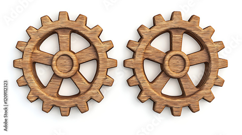 Two Interlocking Wooden Gears Cogwheels Teamwork Mechanism Craftsmanship