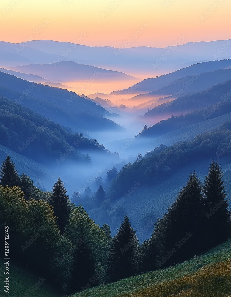 Obraz premium Stunning morning mist rolling over green hills and forest in mountain valley