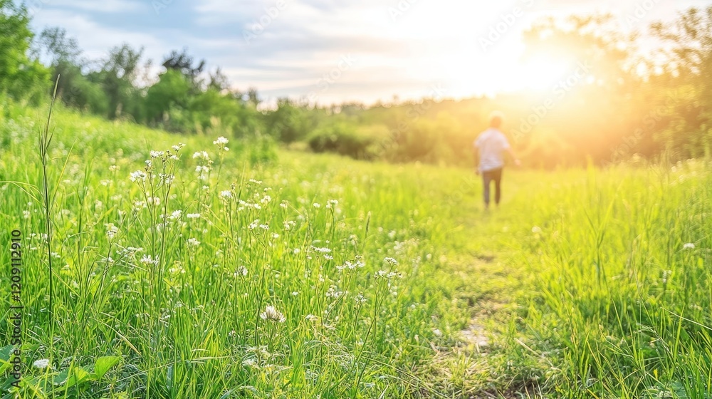 Person Walking Path Summer Meadow Sunset Flowers Person Walking Path Summer Meadow Sunset Flowers