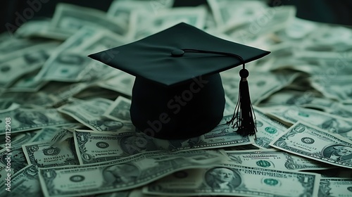 A black graduation cap rests atop a pile of dollar background