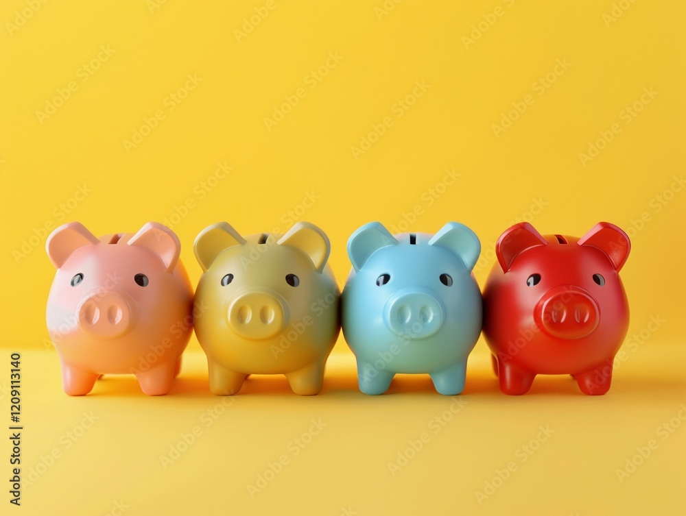 Group of colorful piggy banks on yellow background. Group of colorful piggy banks on yellow background.