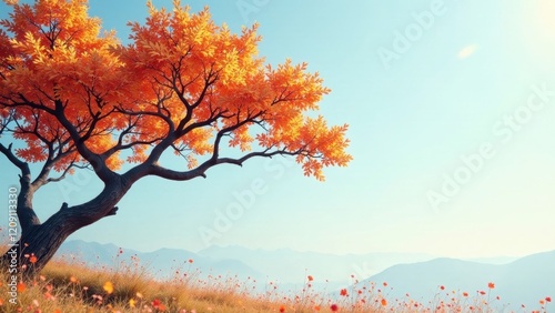 Serene Autumnal Landscape Solitary Tree with Golden Leaves Against a Misty Mountain Range and a Field of Delicate Wildflowers