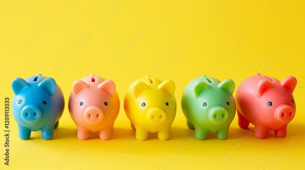 Group of colorful piggy banks on yellow background. Group of colorful piggy banks on yellow background.