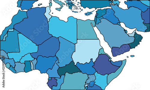 Middle East map with regions vector illustration,Middle East Political map and administrative divisions, vector illustration map of Middle East with borders, colorful map of Middle East.