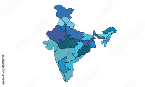 Illustration Map of India with borders, colorful map of  India with states, cities, Province.