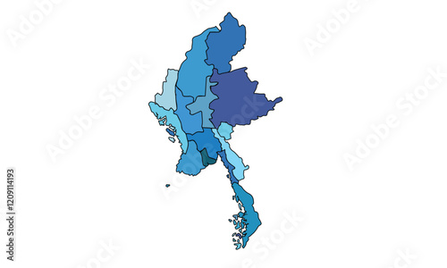 illustration Map of Burma with borders, colorful map of  Burma with states, cities, Province.