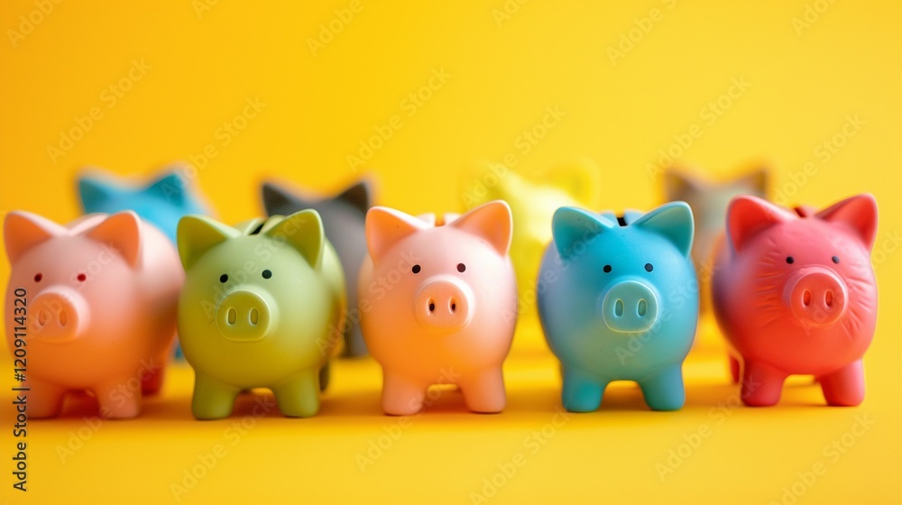 Group of colorful piggy banks on yellow background. Group of colorful piggy banks on yellow background.