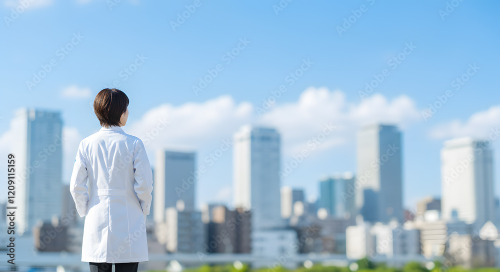 街を見つめる白衣姿の女性医師の背中。後ろ姿。青空背景|The back of a female doctor in a white coat looking out at the city. Back view. Blue sky background. 街を見つめる白衣姿の女性医師の背中。後ろ姿。青空背景|The back of a female doctor in a white coat looking out at the city. Back view. Blue sky background.