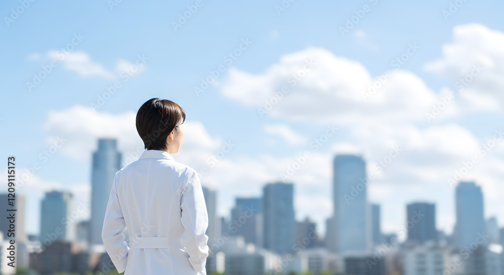 街を見つめる白衣姿の女性医師の背中。後ろ姿。青空背景|The back of a female doctor in a white coat looking out at the city. Back view. Blue sky background. 街を見つめる白衣姿の女性医師の背中。後ろ姿。青空背景|The back of a female doctor in a white coat looking out at the city. Back view. Blue sky background.