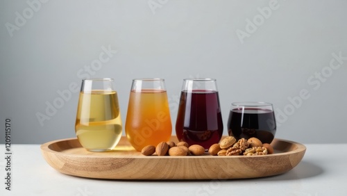 An assortment of beverages in clear glasses, accompanied by a selection of nuts, elegantly arranged on a wooden serving tray.