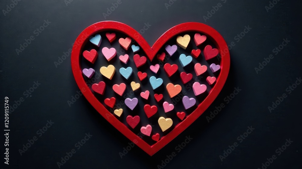 Fototapeta premium A Red Wooden Heart Frame Filled with Colorful Small Hearts on a Dark Background
